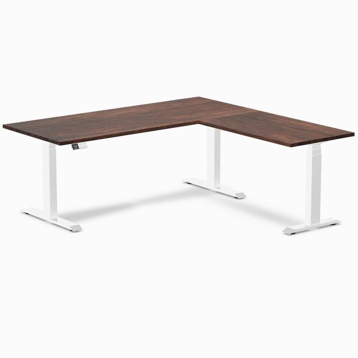 Desky L-shape Sit To Stand American Rustic Pine Softwood Desk 1800x1750mm White Height Adjustable Leg