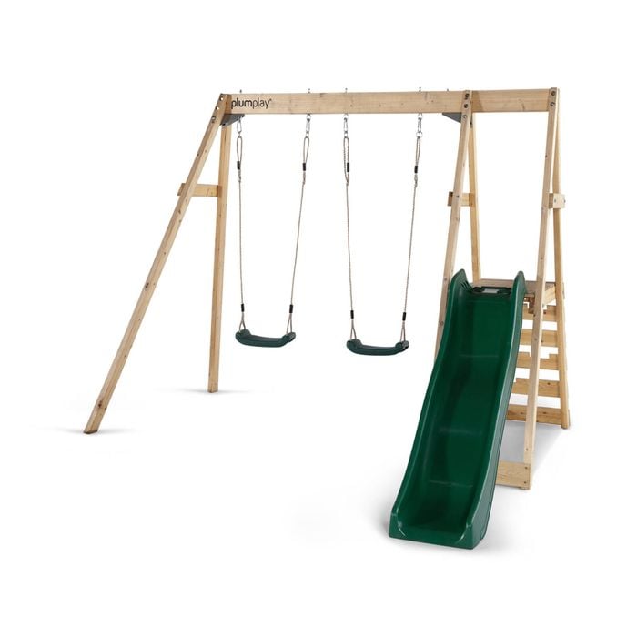 Plum Play Kids Wooden Climbing Frame Double Swing Seats Wave Slide Tamarin
