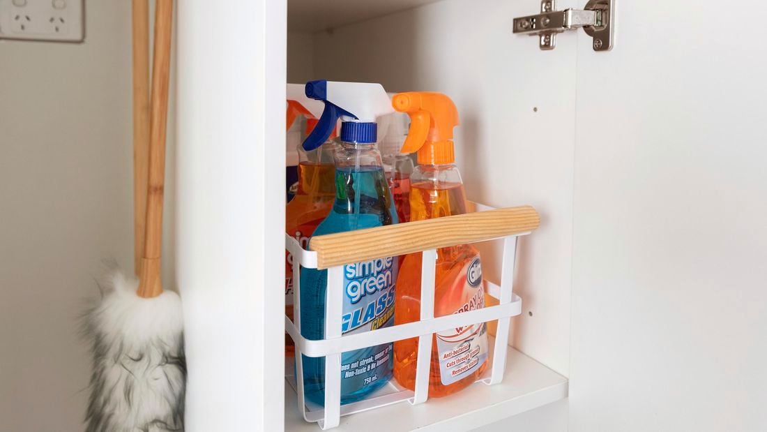 Various spray cleaning products under bench.
