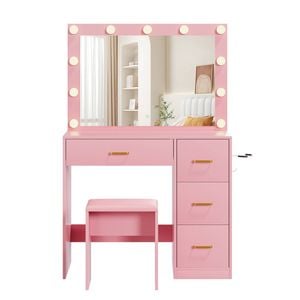 Ufurniture Large Dressing Table Set with Mirror and 11 LED Bulbs Makeup Vanity Desk