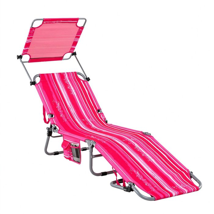 Costway Outdoor Folding Sun Lounger Bed Reclining Beach Deck Chair w/Adjustable Canopy & Storage Pocket-Pink