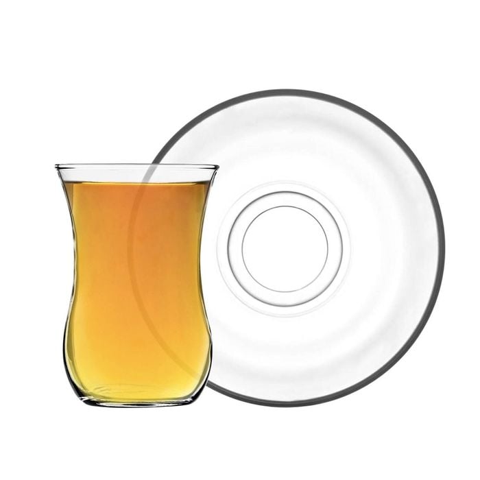 LAV Klasik Glass Tea Cup and Saucer Set - Clear Cups for Coffee, Hot Drinks - 115ml - Set of 12