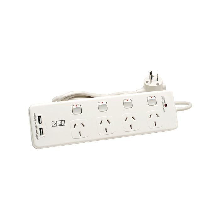 HPM 4 Outlet USB Charging Switched Powerboard White