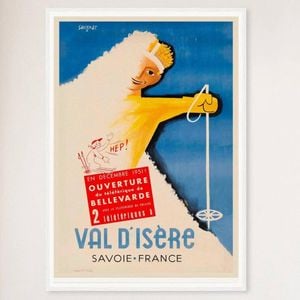 Galrie Vald'Isere Vintage Ski Poster from the Auvergne Rhone Alpes Region of France, White Frame, 50 x 70cm (20 x 28inch)