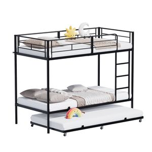 Advwin Metal Triple Sleeper Bunk Bed with Trundle for Kids Teens Single Black