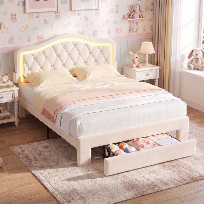 Advwin LED Velvet Bed Frame with Adjustable Headboard and Storage Drawer Double Beige