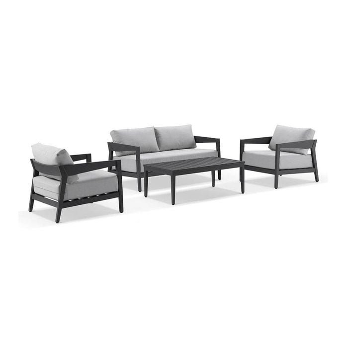 Bronte 2+1+1 Outdoor Aluminium Lounge Setting Charcoal With Coffee Table & Textured Olefin Grey Cushions