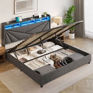 HOMFURN King Size Gas Lift Bed Frame with LED Lights and Charging Station, Modern Upholstery Bed