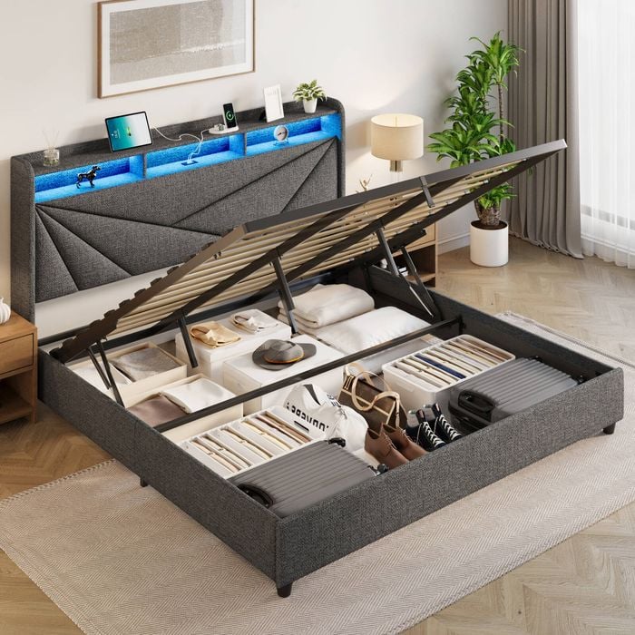 HOMFURN King Size Gas Lift Bed Frame with LED Lights and Charging Station, Modern Upholstery Bed