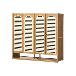 Oikiture 4 Doors Shoe Storage Cabinet Bamboo Shelf Beige