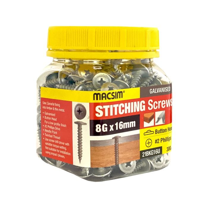 Macsim 8G x 16mm Stitch Button Screws Jar - 300 Pack