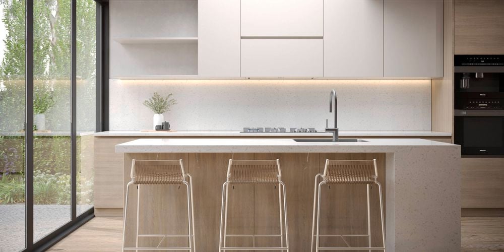 A
  subtle grain and polished surface with small natural quartz crafted into a
  white background. i/n 0646137
