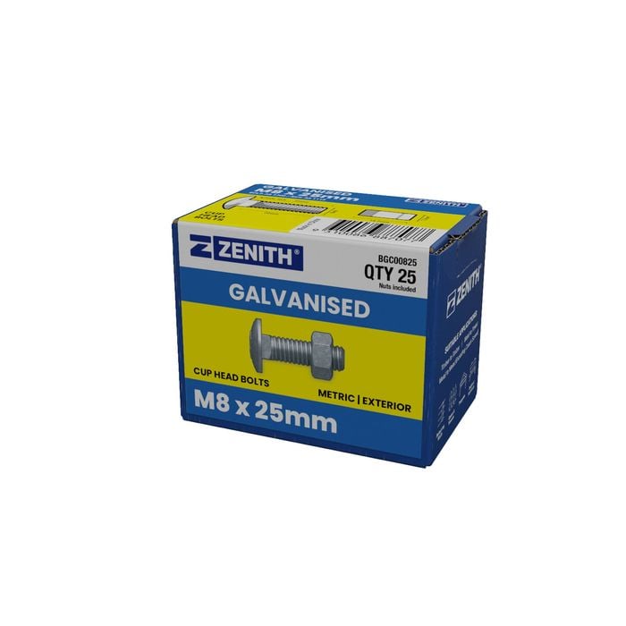 ZENITH M8 x 25mm Hot Dip Galvanised Cup Head Bolts And Nuts - 25 Pack