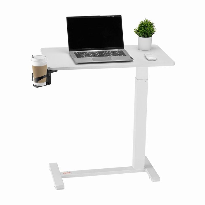 VEVOR Mobile Overbed Table White with 4 Hidden Wheels Cup Holder for Home