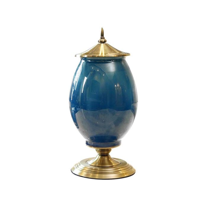 Soga 40.5cm Ceramic Oval Flower Vase With Gold Metal Base Dark Blue