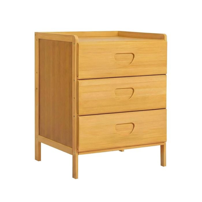 Lauft Natural Bamboo Wood 3 Drawer Bedside Table, Cabinet End Table Nightstand