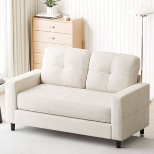 Advwin 2-Seater Sofa 132cm Love Seat Linen Fabric Small Loveseat Sofa Couch Beige