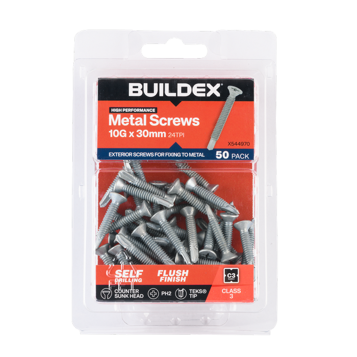 Buildex 10G x 30mm Class 3 Sheet Metal Screws Countersunk Head - 50 Pack