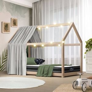 Oikiture Kids Wooden Bed Frame with Mattress Montessori House Timber