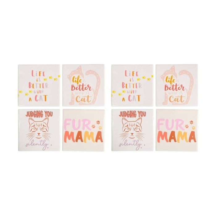 2x 4pc Lvd Decorative Cat Sayings Ceramic Square Drink Coasters Decor 10x10cm