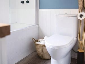 Bathroom with a toilet next to a bath with shower screen