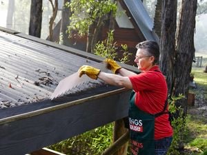 Person fitting gutter guard to a roof in a bushland setting