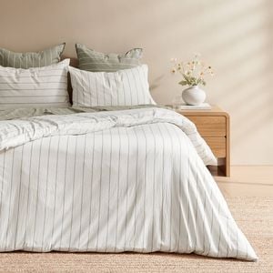 Dreamaker Rumi Washed Cotton Reversible Quilt Cover Set White with Olive Stripe Queen Bed