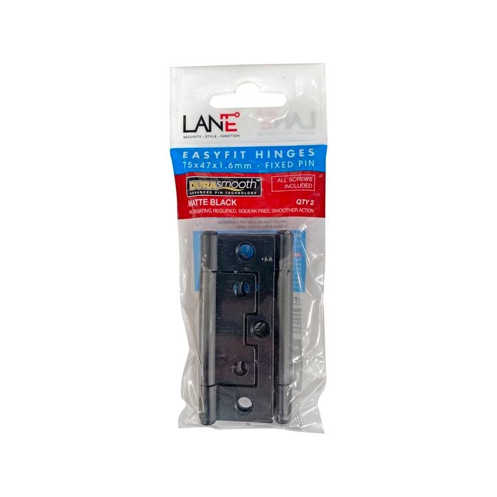 Lane 75mm Matte Black Fixed Pin Easy Fit Hinge - 2 Pack