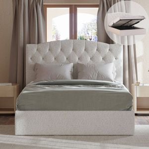 Charlotte Queen Ivory White Boucle Gas Lift Storage Bed Frame