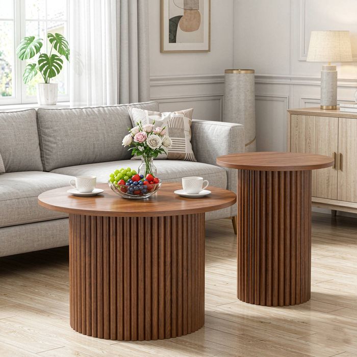 Ufurniture Set of 2 Nesting Coffee Table Mid-Century Modern Round Coffee and End Table Walnut
