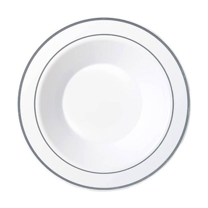 6x 6pc Partyware Reusable Heavy Duty Bowl Set W/ Silver Lining 190mm White