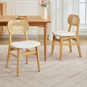 HOMFURN Rattan Back Dining Chairs Set of 2, White Faux Leather