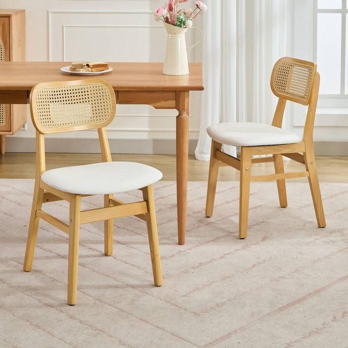 HOMFURN Rattan Back Dining Chairs Set of 2, White Faux Leather