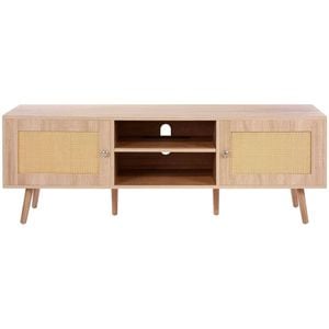 P&P Oak Rattan TV Stand 65 Inch Entertainment Unit with Power Outlet Storage