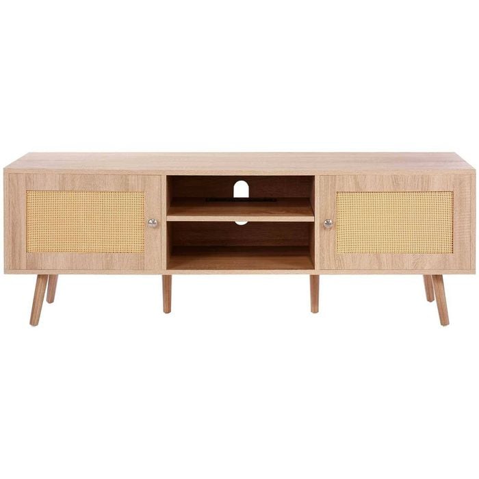 P&P Oak Rattan TV Stand 65 Inch Entertainment Unit with Power Outlet Storage