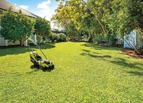 Lawnmower on grass in a backyard