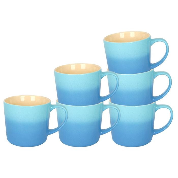 Argon Tableware 330ml Ombre Coffee Mugs - Blue - Set Of 6 - Glazed New Bone China Tea Mug Vegan Friendly Stoneware Ceramic Cup