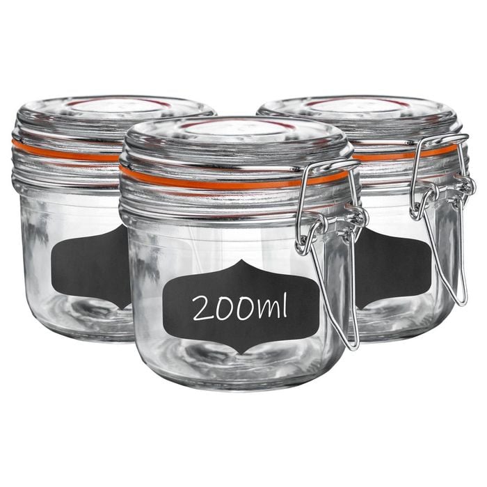 Argon Tableware 6x Glass Storage Jar & Labels Set - 200ml/6.7oz 4 Colour Seals Airtight Kitchen Storage Container Preserving Jar