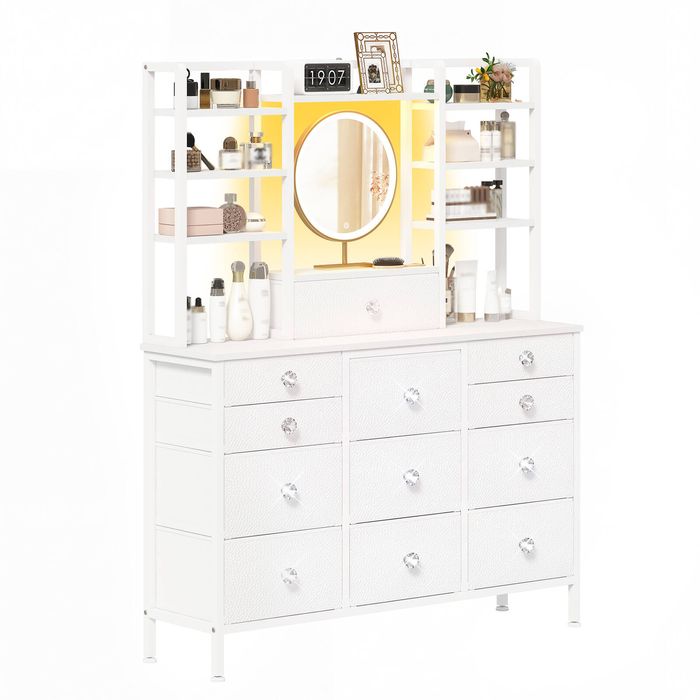 Advwin 12 PU Drawer Storage Cabinet, Multi-Height Shelves, 2-in-1 Vanity Table