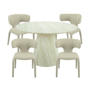 Yvon 5pc Dining Set 120cm Round Dining Table Ivory Boucle Fabric Chair