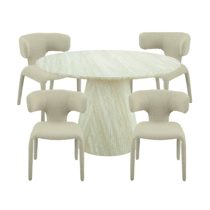 Yvon 5pc Dining Set 120cm Round Dining Table Ivory Boucle Fabric Chair