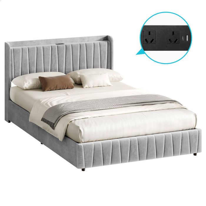 ALFORDSON Bed Frame Double Drawers Charging Station Grey Velvet