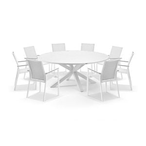 Houston Outdoor 1.8m Round Aluminium Table With 8 Patonga Dining Chairs White