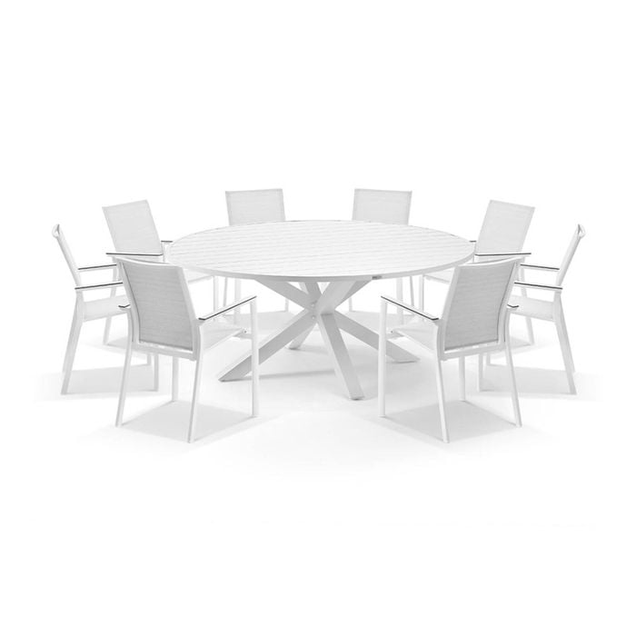 Houston Outdoor 1.8m Round Aluminium Table With 8 Patonga Dining Chairs White