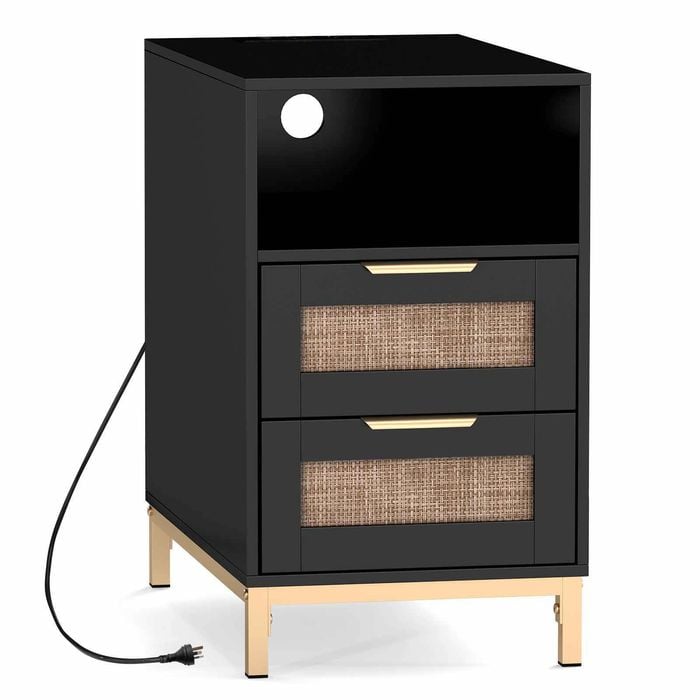 Costway Narrow Bedside Table Boho Side Charging Station 2 Drawer Storage