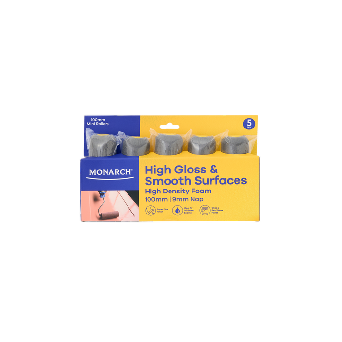 Monarch 100mm 9mm Nap High Gloss & Smooth Surfaces Mini Rollers - 5 Pack