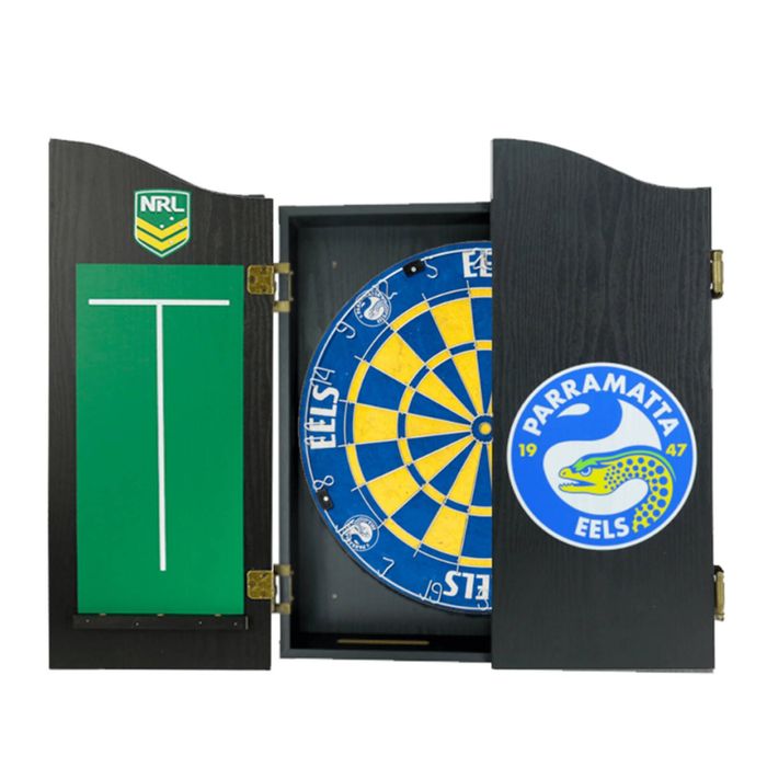 NRL Dartboard and Cabinet Set Paramatta Eeels Team Design Black Finish