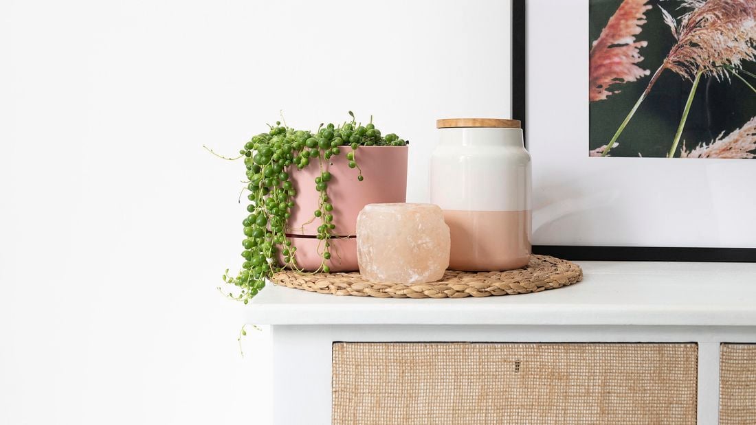 A string-of-pearls plant in a pot with another decorative pot on top of a white storage unit