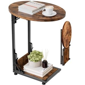 Catzon Folding Side Table Metal Frame C-Shaped End Couch Tables-Brown