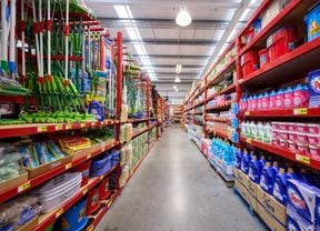 An aisle in a Bunnings store filled with cleaning products.